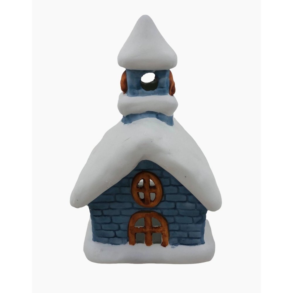 Colonial Candle Holder Winter Blue Ceramic Building Snow Tea Light Votive Holder - Picture 2 of 10